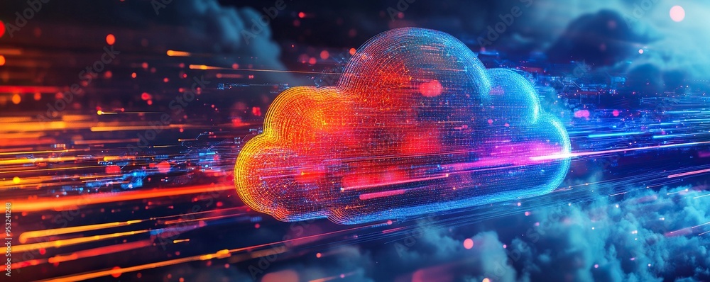 Poster abstract cloud computing concept with red and blue lights
