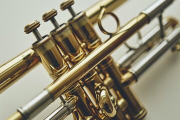 A detailed view of a trumpet against a clean white surface