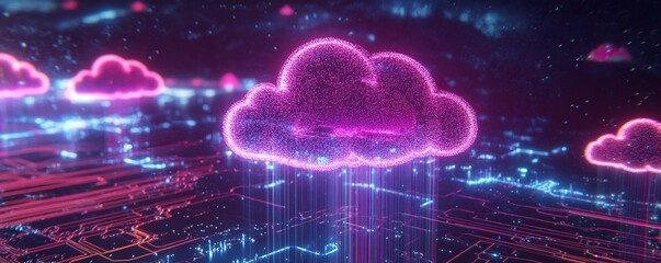 A Digital Cloud Composed of Glowing Particles Raining Down on a Circuit Board