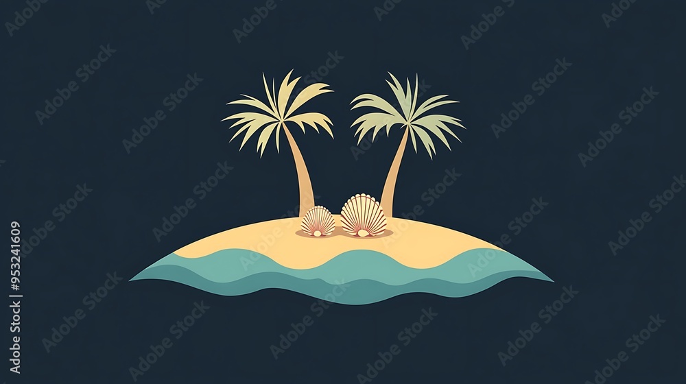 Poster minimalistic vector graphic of tropical beach with seashells on dark background in 80s retro style
