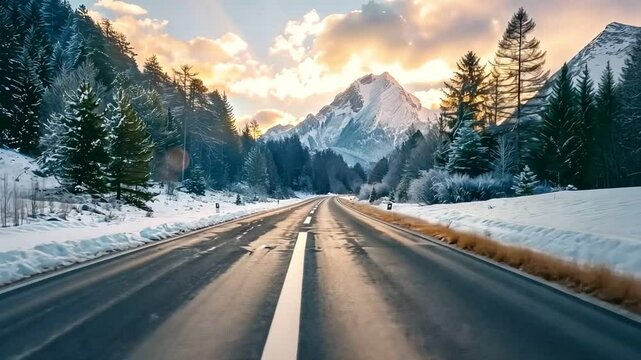 A winding road through a snowy mountain valley with a stunning sunset in the background.