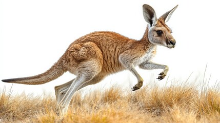 Fototapeta premium Red Kangaroo Leaping: A powerful red kangaroo leaps across a field of dry grass, showcasing its incredible strength and agility. This captivating image evokes a sense of freedom and wildness, capturin