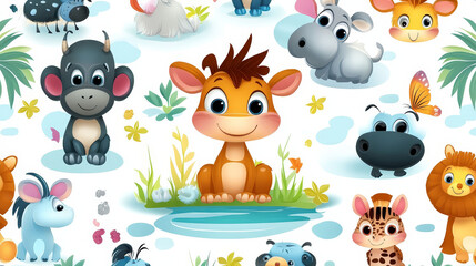 Naklejka premium Cute Cartoon Animals Seamless Pattern for Kids Fabric Wallpaper Baby Nursery Decor