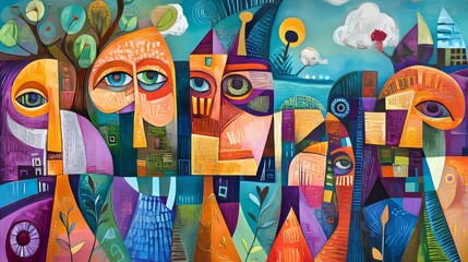 Whimsical Cubist Folk Art Figures in Vibrant Abstract Environment