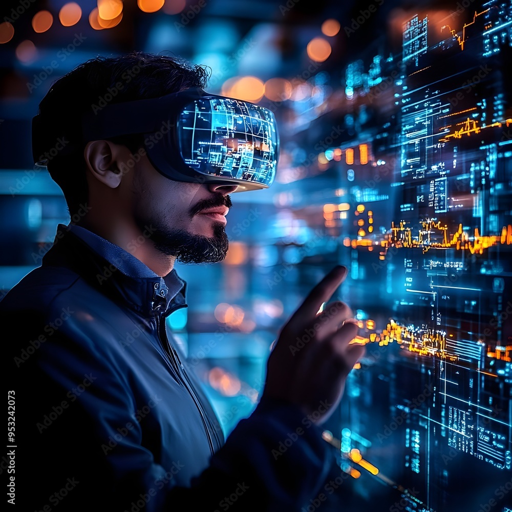 Poster man using vr headset exploring digital data