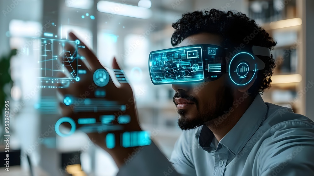 Poster man using vr headset for business data analysis