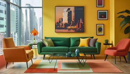 A modern living room with yellow walls, a green sofa and an orange armchair. The interior design features contemporary furniture against a wall showing a cityscape through large windows. 