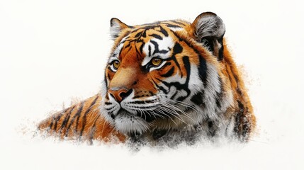 Fototapeta premium Majestic Tiger Portrait: A striking and majestic tiger portrait with a focus on the animal's powerful gaze and striking stripes against a white background. The image is enhanced with a soft, artistic 