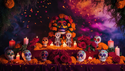 Colorful dia de los muertos ofrenda with marigolds and calavera skulls in vibrant setting