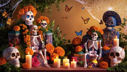 Dia de los muertos ofrenda with calaveras, marigold flowers, and butterflies for festive celebration