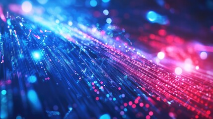 Fototapeta premium Illuminated fiber optic cables in an abstract digital background, highlighting the flow of data and connectivity.