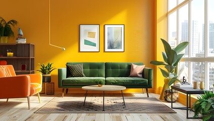 A modern living room with yellow walls, a green sofa and an orange armchair. The interior design features contemporary furniture against a wall showing a cityscape through large windows. 