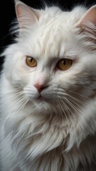 A white cat with green eyes is sitting in front of a black background
