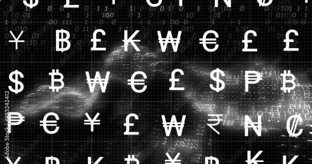 Poster currency symbols and binary code animation over abstract digital background