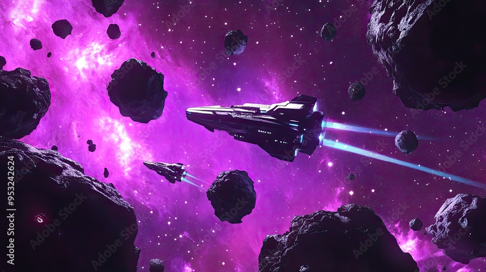 Poster a vibrant space scene with spaceships navigating through asteroids in a colorful nebula.