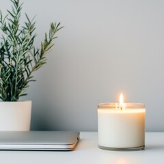 A serene workspace featuring a lit candle beside a laptop and a potted plant, creating a calming atmosphere for productivity.