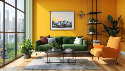 Fototapeta premium A modern living room with yellow walls, a green sofa and an orange armchair. The interior design features contemporary furniture against a wall showing a cityscape through large windows. 
