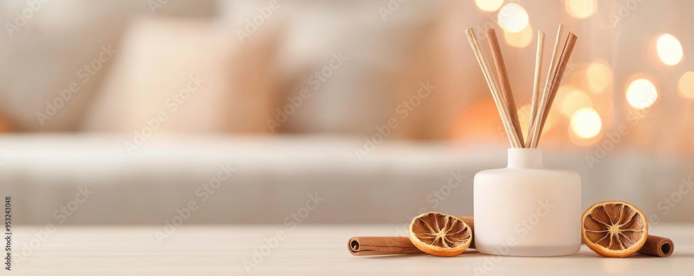 Poster an elegant diffuser with aroma sticks, surrounded by dried citrus, creating a warm and inviting atmo