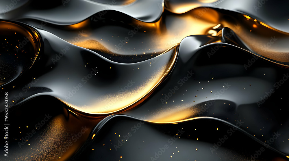 Canvas Prints Abstract black and gold waves with metallic sheen and gold glitter.