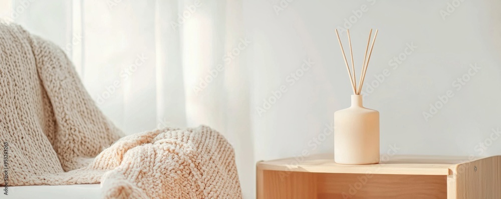 Poster cozy living space with a soft blanket and a decorative vase, creating a serene and inviting atmosphe