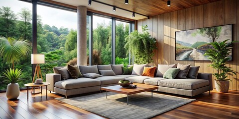 Fototapeta premium CozySymmetry: Soothing morning light pours through floor-to-ceiling windows onto plush gray sectional, surrounded by minimalist wooden decor,