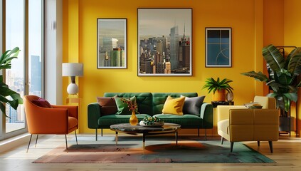 A modern living room with yellow walls, a green sofa and an orange armchair. The interior design features contemporary furniture against a wall showing a cityscape through large windows. 