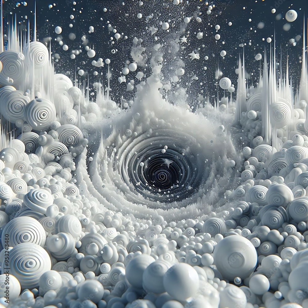Poster the image is a surreal and abstract representation of a white void, filled with countless white sphe