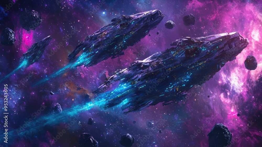 Poster three futuristic spacecraft navigating through a colorful cosmic scene filled with asteroids.