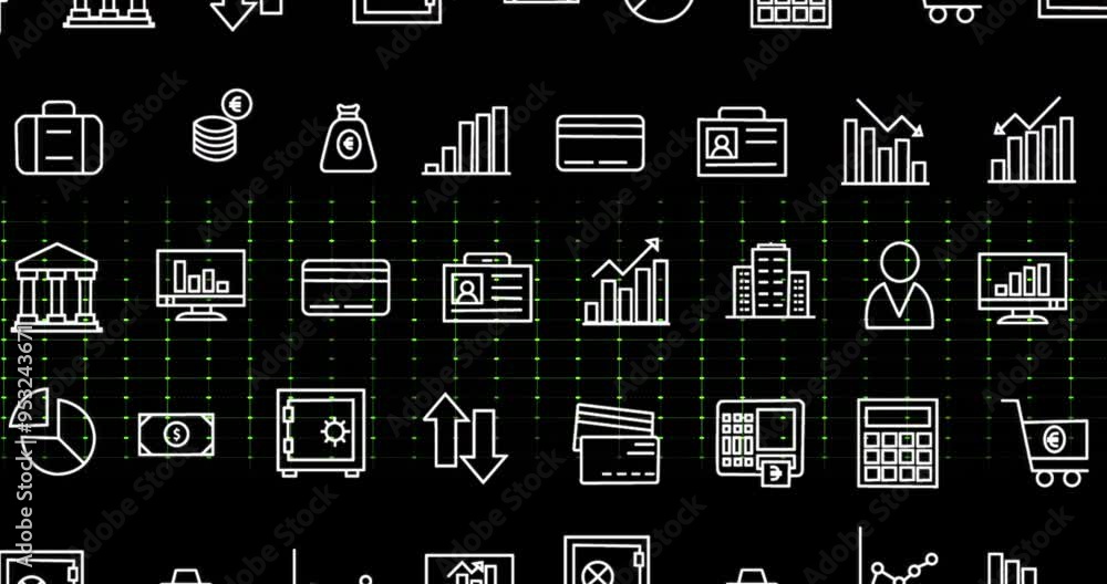 Poster financial icons and data processing animation over black background with green grid