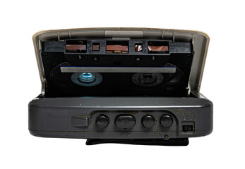 Old silver cassette player. Used. Isolated on transparent background