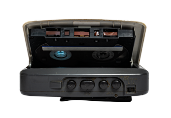 Old silver cassette player. Used. Isolated on transparent background