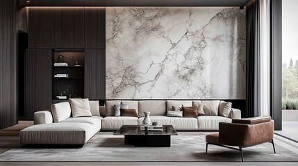 Modern living room featuring a marbling, decorated wall, creating a sophisticated backdrop with intricate patterns.