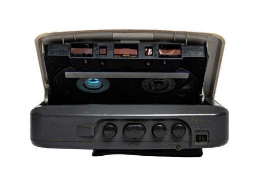 Old silver cassette player. Used. Isolated on transparent background