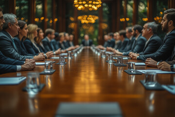 Point of view of chief executive officer in conference presentation, Selective focus meeting table with colleague and presentation information paper, Committed employee discussion in office.