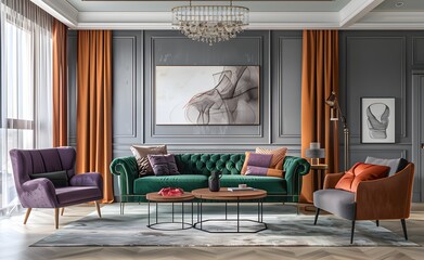 A modern apartment living room with a green sofa, a light pink chair and plaid pillows, a black chandelier hanging above the table
