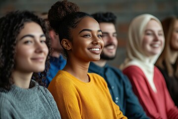 Fototapeta premium Diverse group smiling, focus on woman in yellow