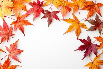 Fototapeta premium Autumn Maple Leaves Flat Lay White Background created with Generative AI