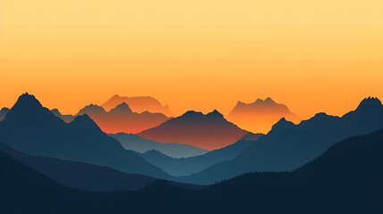 Silhouette of mountain ranges against a gradient sunset sky