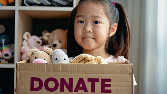 A young girl holds a box labeled "DONATE", filled with stuffed animals.
