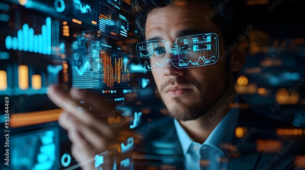 Poster man with ar glasses analyzing data