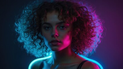 Obraz premium A woman with curly hair neon glow