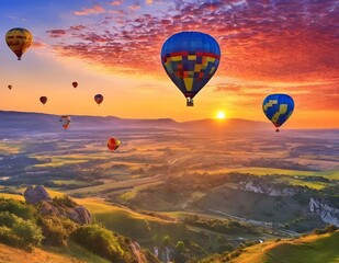 Colorful hot air balloons soaring over a stunning landscape at sunset in a picturesque valley