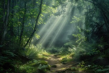 Obraz premium A serene forest path with sunlight filtering through the treetops, perfect for outdoor enthusiasts and nature lovers