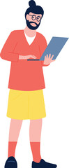 Bearded man work on laptop. Freelancer color character