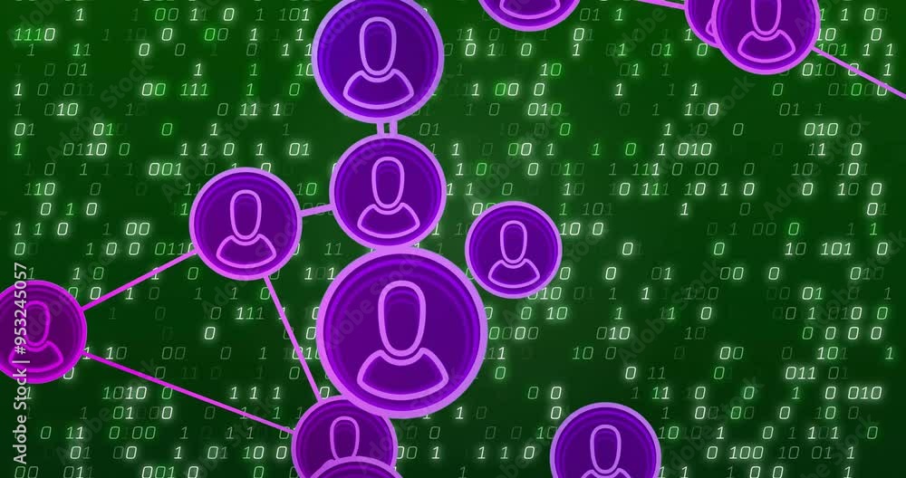 Poster network of connected user icons animation over binary code background