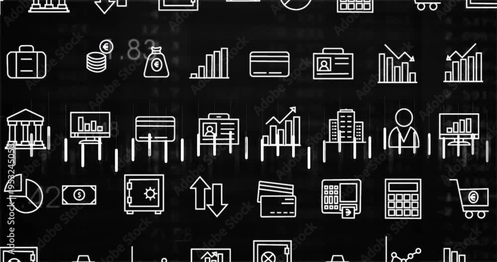 Poster financial icons and data processing animation over black background