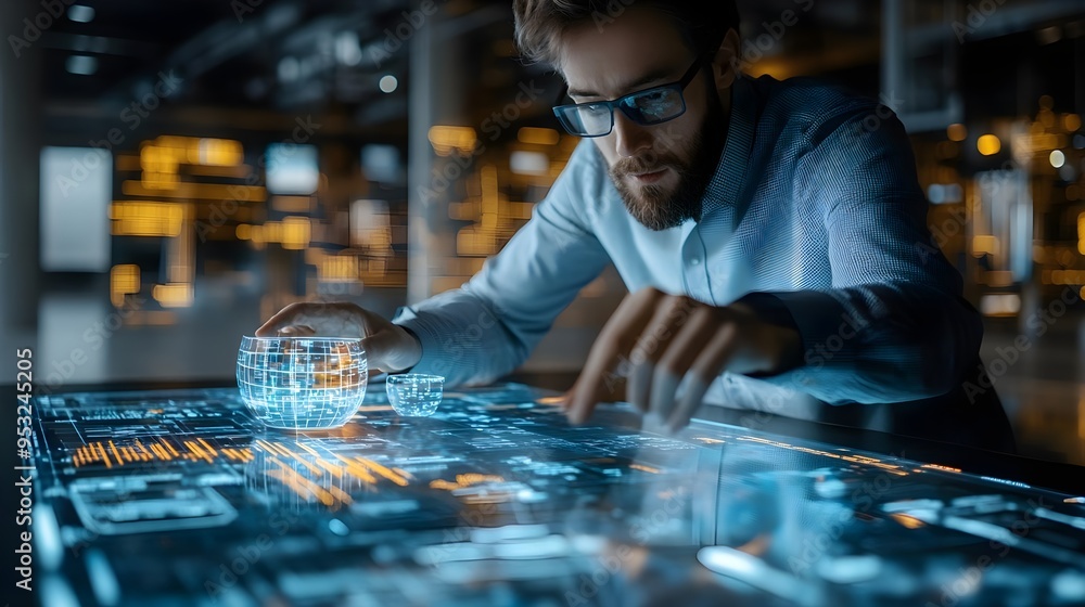 Poster man working on holographic interface with globe