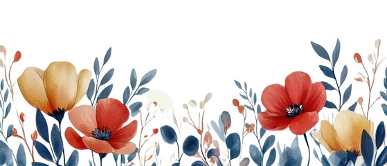 Watercolor Floral Border With Red Flowers
