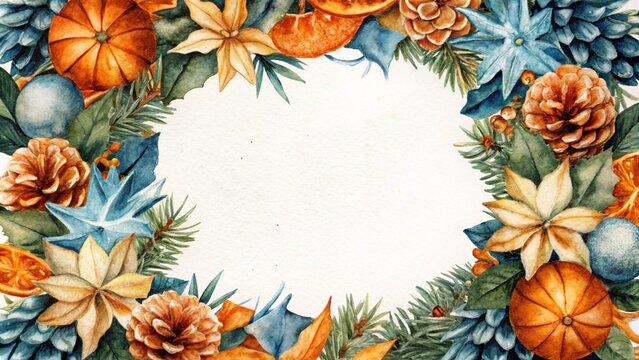 Christmas watercolor frame in vintage style with oranges, pine cones,flowers and berries.New Year holiday card with colorful ribbons with blank space for text.