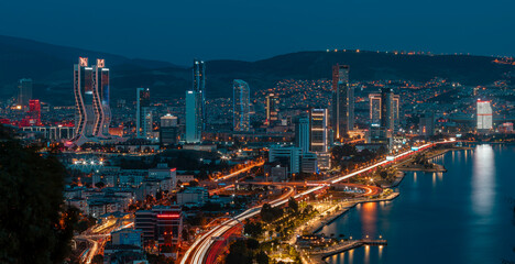 View of Izmir Bay in the evening from the high hill of Bayrakli. Long exposure, low light.